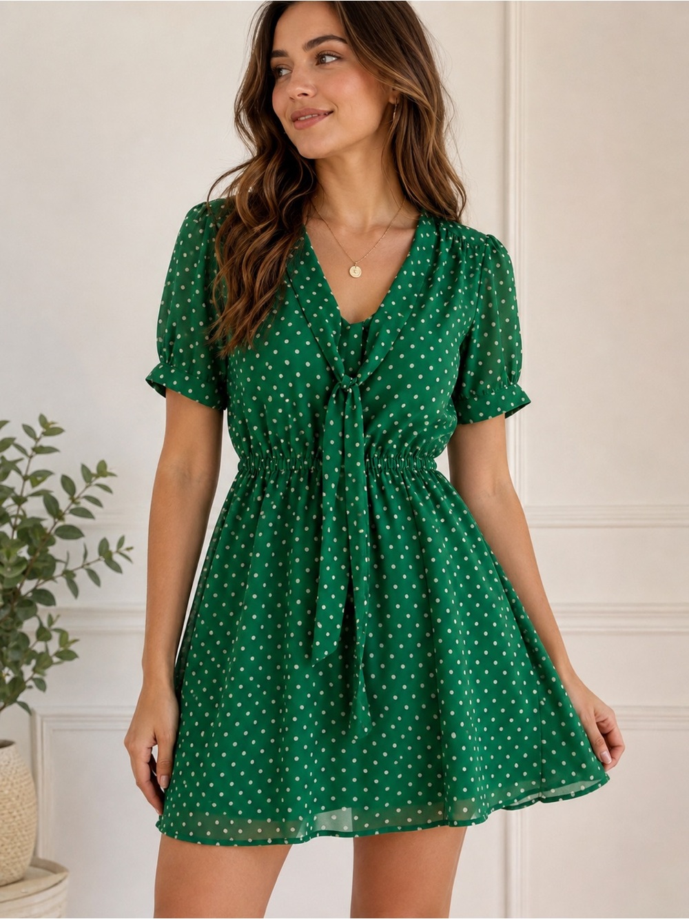 Green Polka Dot Tie Neck Fit & Flare Dress Forever 21 M